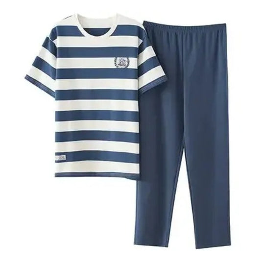 2pc Blue & White Stripe Cotton Pyjama Set - T.O.M.S Direct