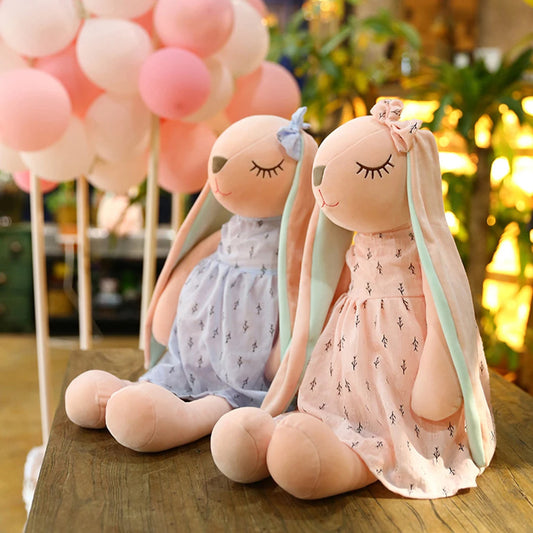 35cm Cute Cartoon Long Eared Bunny Rabbit in Blue or Pink Dress - T.O.M.S Direct