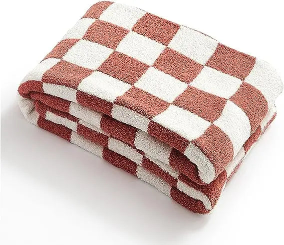 Grid Checkerboard Microfibre Coral Fleece Blanket Throw 6 Colours - T.O.M.S Direct