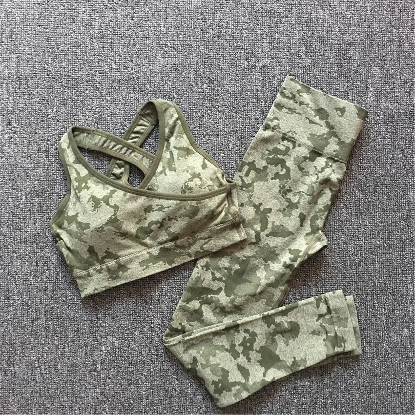 Women’s 2pc Camo Seamless Nylon Sports Bra & Leggings Set 5 Colours 2 Styles - T.O.M.S Direct