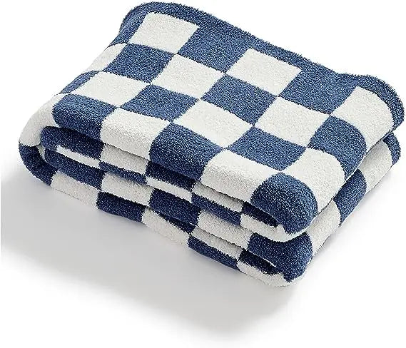 Grid Checkerboard Microfibre Coral Fleece Blanket Throw 6 Colours - T.O.M.S Direct