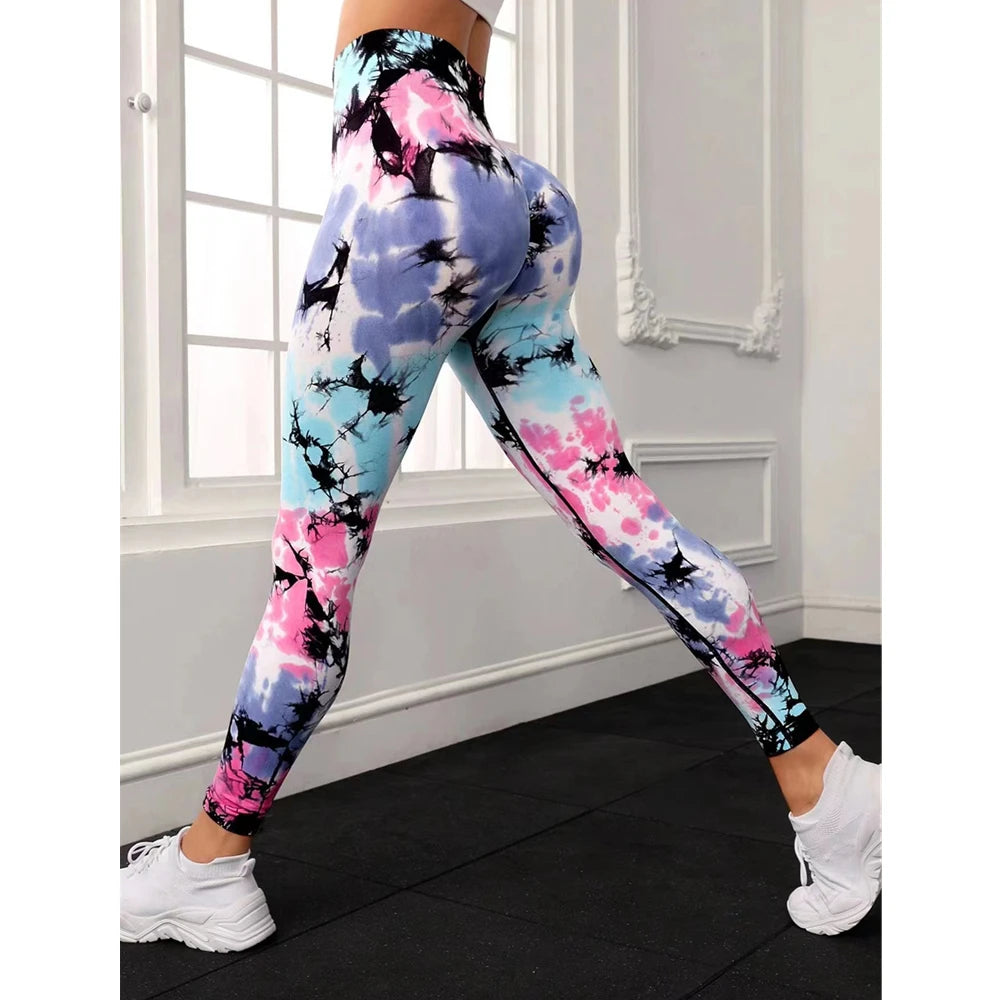 Women’s Tie Dye Effect Seamless Scrunch Butt Leggings 33 Designs - T.O.M.S Direct