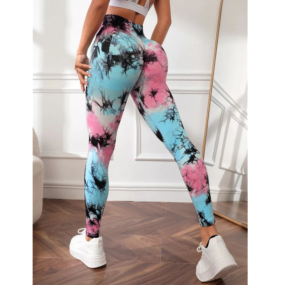 Women’s Tie Dye Effect Seamless Scrunch Butt Leggings 33 Designs - T.O.M.S Direct