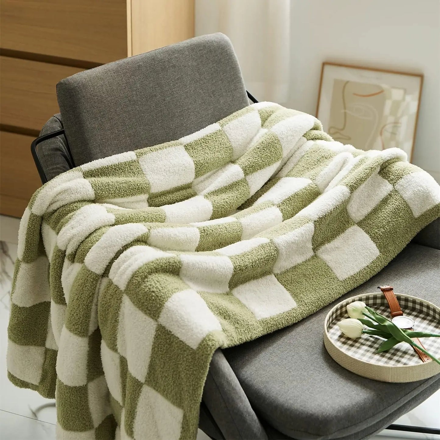 Grid Checkerboard Microfibre Coral Fleece Blanket Throw 6 Colours - T.O.M.S Direct