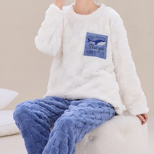 2pc White & Blue Polyester Fleece Pyjama Set - T.O.M.S Direct