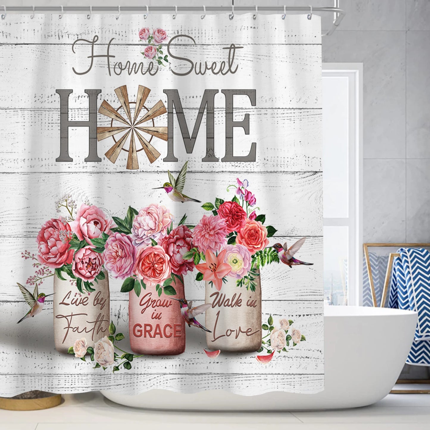 Home Sweet Home Polyester Shower Curtain in 6 Colours - T.O.M.S Direct