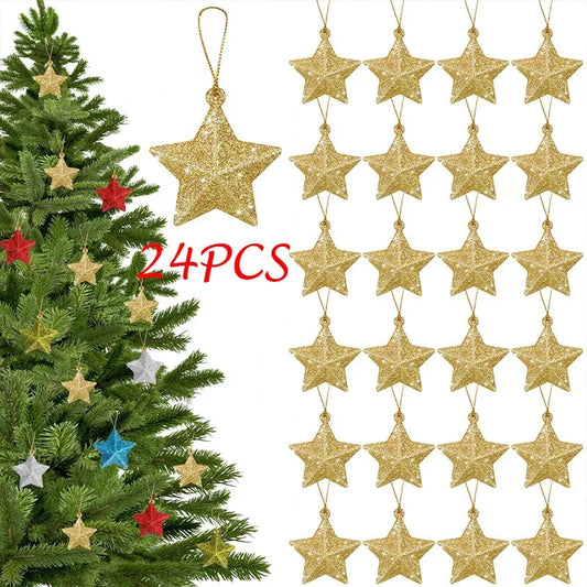 6, 12 or 24pc Glittery Star Hanging Tree Ornaments 3 Colours - T.O.M.S Direct