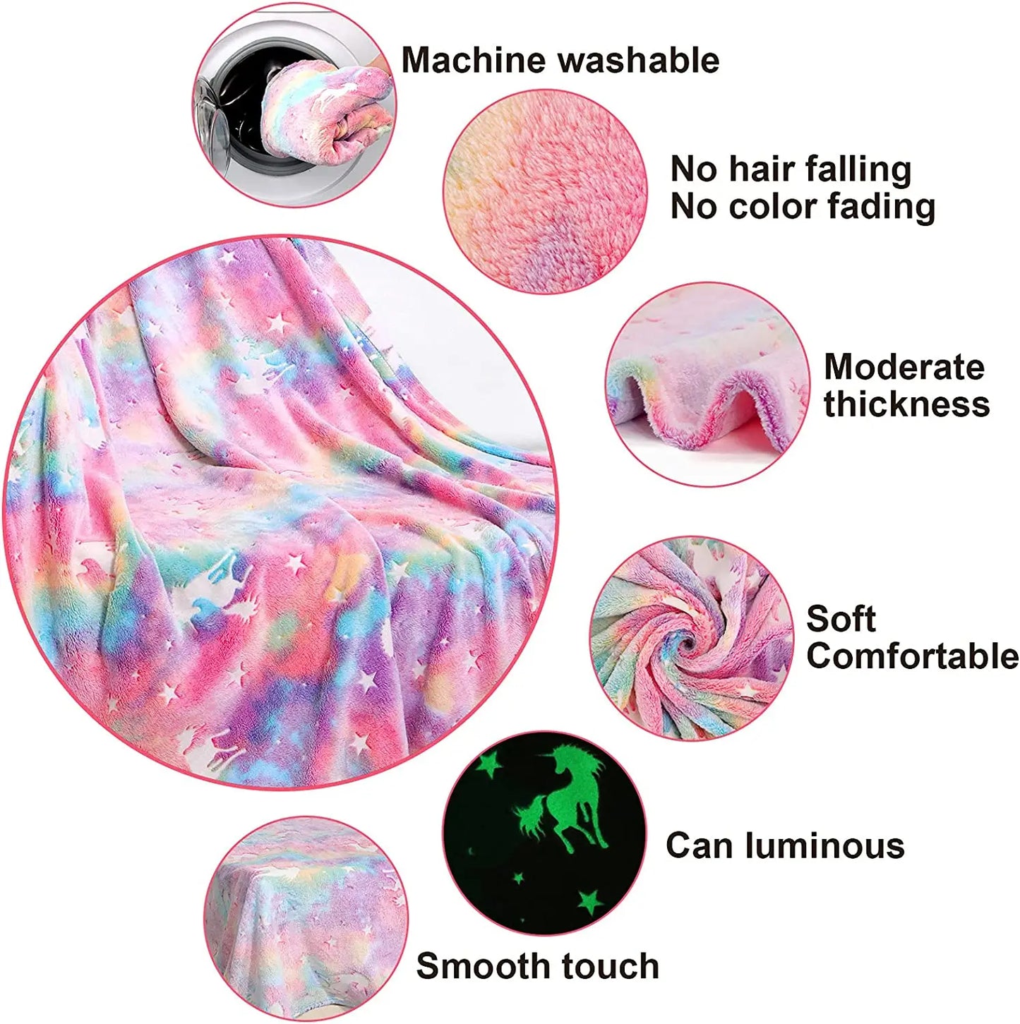 Soft Polyester Glow in the Dark Unicorn Blanket Throw - T.O.M.S Direct