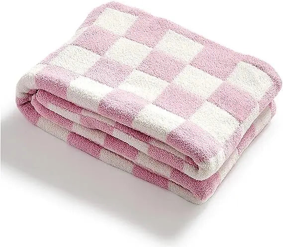 Grid Checkerboard Microfibre Coral Fleece Blanket Throw 6 Colours - T.O.M.S Direct