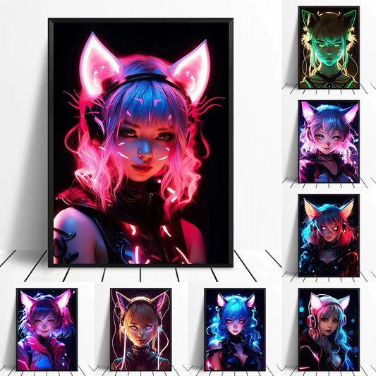 Neon Anime Cat Girl Wall Art Canvas 14 Designs - T.O.M.S Direct