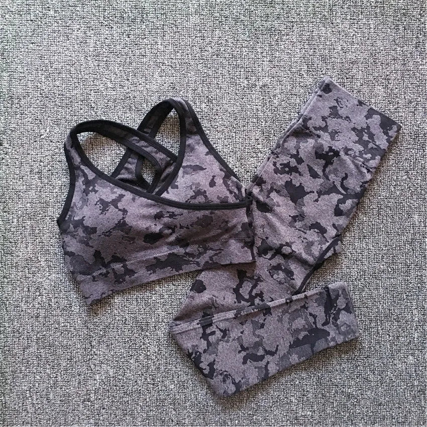 Women’s 2pc Camo Seamless Nylon Sports Bra & Leggings Set 5 Colours 2 Styles - T.O.M.S Direct