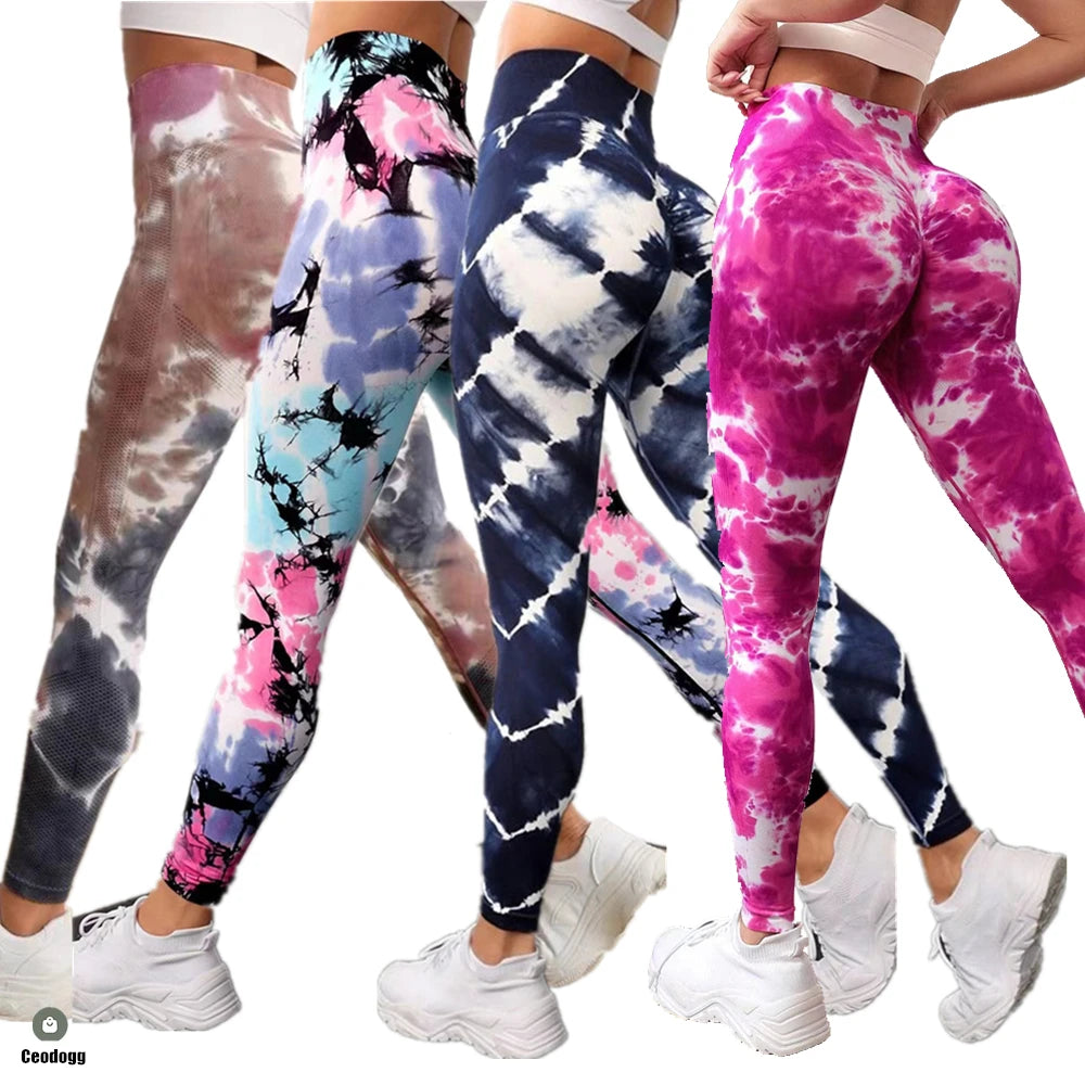 Women’s Tie Dye Effect Seamless Scrunch Butt Leggings 33 Designs - T.O.M.S Direct