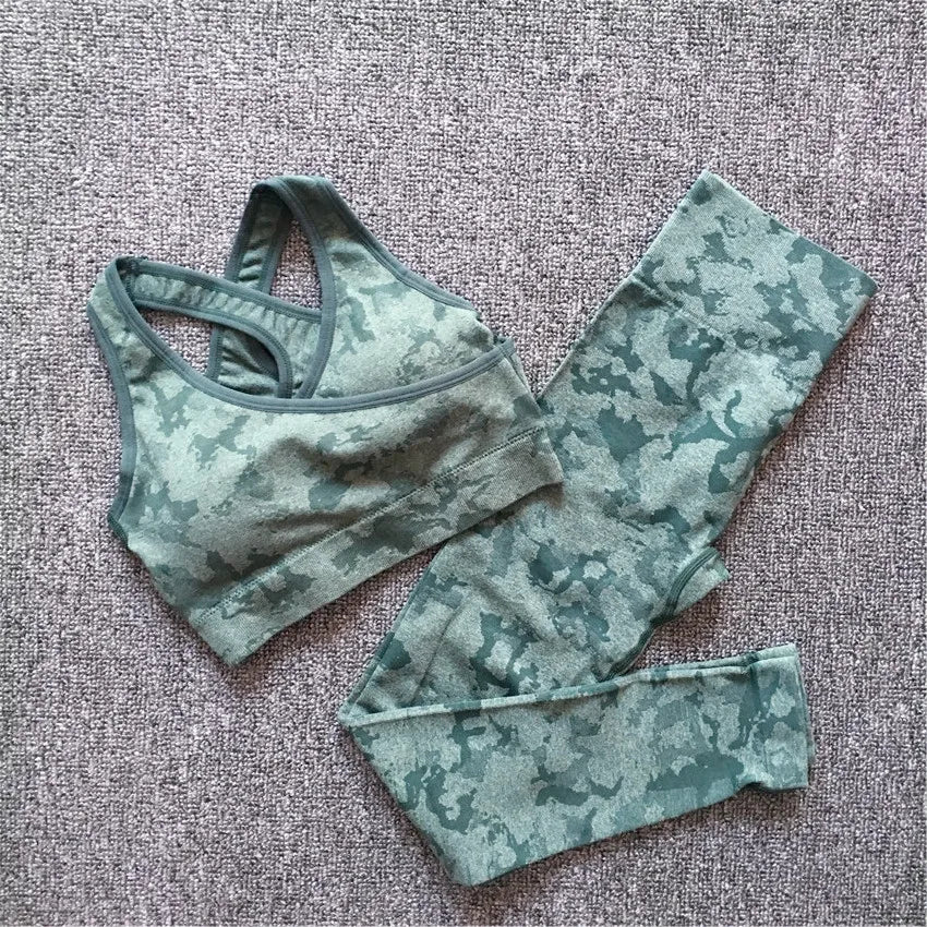 Women’s 2pc Camo Seamless Nylon Sports Bra & Leggings Set 5 Colours 2 Styles - T.O.M.S Direct