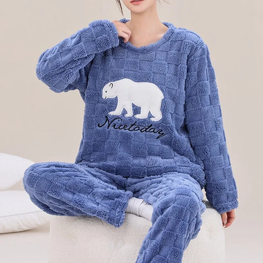 2pc Blue Plaid Polar Bear Design Polyester Fleece Pyjama Set - T.O.M.S Direct