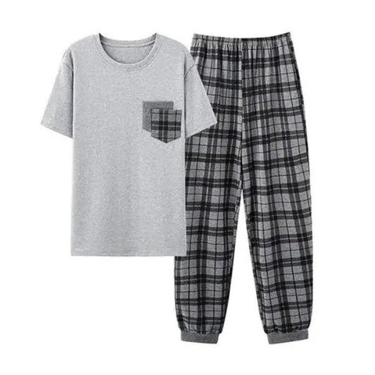 2pc Light Grey Checked Cotton Pyjama Set - T.O.M.S Direct